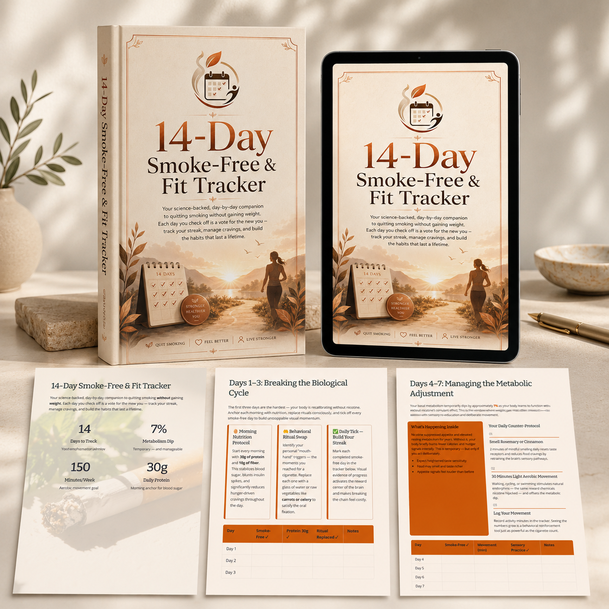 The 14-Day Smoke-Free & Fit Tracker mockup.
